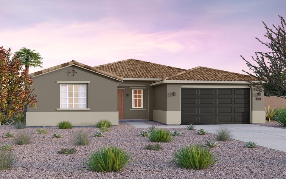 Representative exterior photo of a completed home built from the Lily by Brookfield Residential in Mariposa at Blossom Rock, Apache Junction, AZ (Image 1).