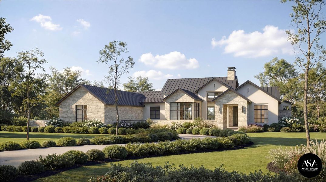 Stone and stucco create an impressive facade for this single-story residence with a meticulously landscaped circular driveway. Stone and stucco create an impressive facade for this single-story residence with a meticulously landscaped circular driveway.