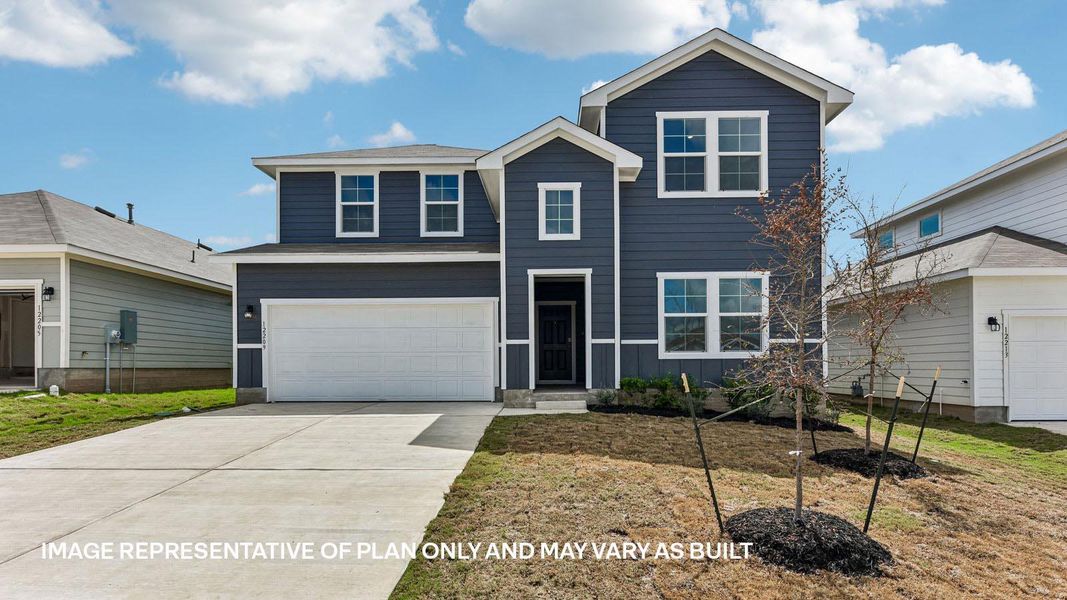 Front exterior of a new home in Durango, Mustang Ridge, TX, highlighting curb appeal (Image 2). Front exterior of a new home in Durango, Mustang Ridge, TX, highlighting curb appeal (Image 2).