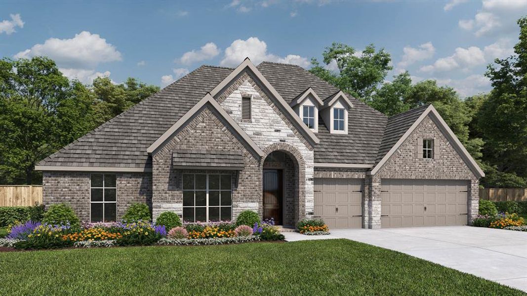 Front exterior of a new home in Valencia 70', Manvel, TX, highlighting curb appeal (Image 1).