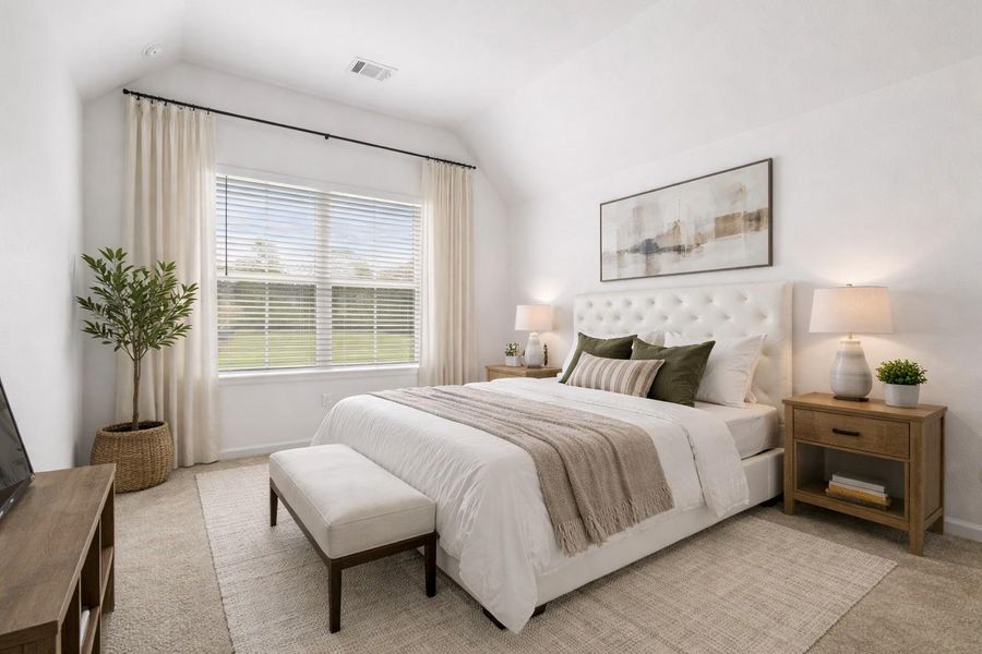 Elegant upstairs bedroom with modern staging, abundant natural light, and serene decor. Elegant upstairs bedroom with modern staging, abundant natural light, and serene decor.