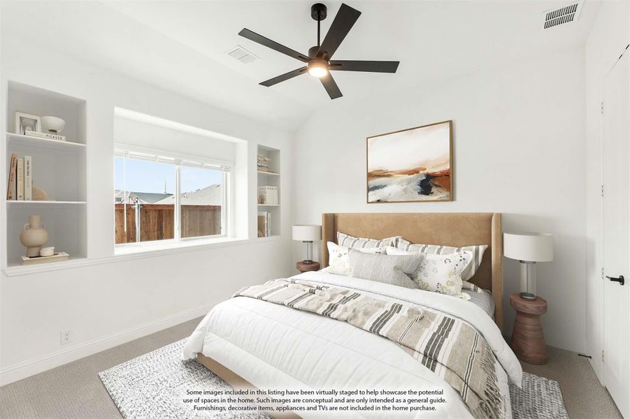 Bedroom with vaulted ceiling, ceiling fan, built-in shelves, and large window with natural light