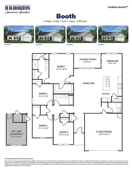 2D floor plan layout for the Booth by D.R. Horton in Beaver Dam Crossing, Bailey, NC (Image 3).