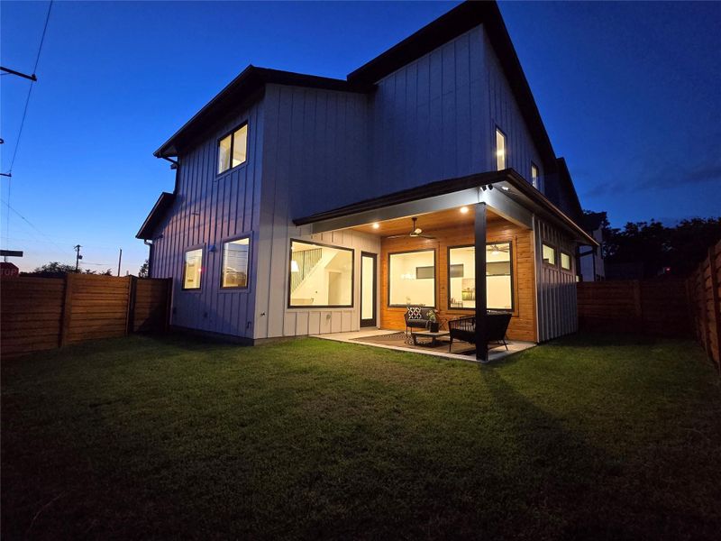 Exterior view of the back at dusk.