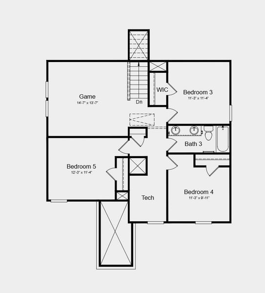 Second Floor Plan - Additional Highlights Include: Shower at bath 2, 12" pop-up ceiling at great room, and slide-in tub at primary bath