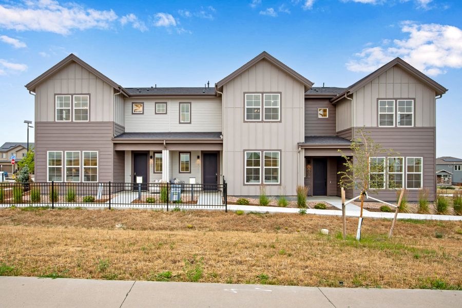 Representative exterior photo of a completed home built from the A by Tri Pointe Homes in Candelas Townhomes, Arvada, CO (Image 1). Representative exterior photo of a completed home built from the A by Tri Pointe Homes in Candelas Townhomes, Arvada, CO (Image 1).