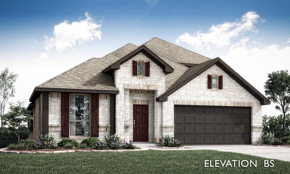 Single-story home with white stone exterior, dark wood accents, and two-car garage, Elevation BS Single-story home with white stone exterior, dark wood accents, and two-car garage, Elevation BS