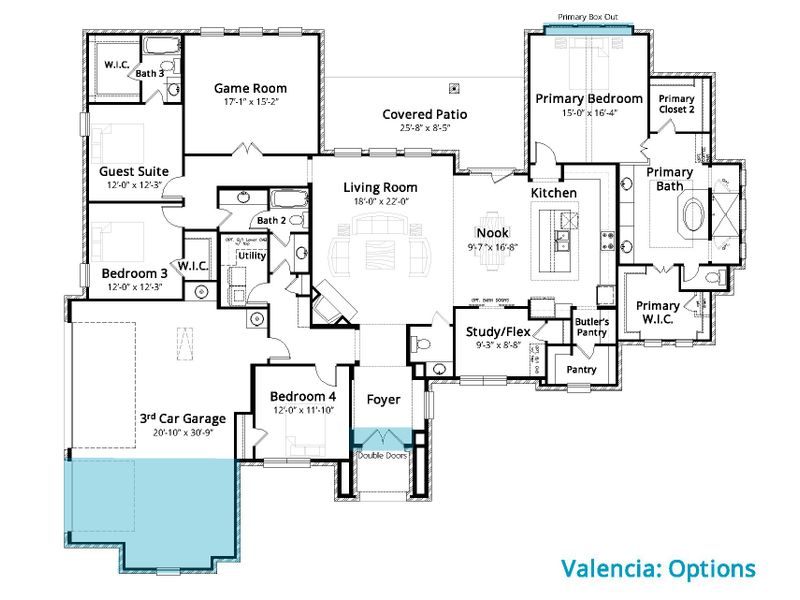 2D floor plan layout for the Valencia by John Houston Homes in Tuscan Estates, undefined, TX (Image 6). 2D floor plan layout for the Valencia by John Houston Homes in Tuscan Estates, undefined, TX (Image 6).