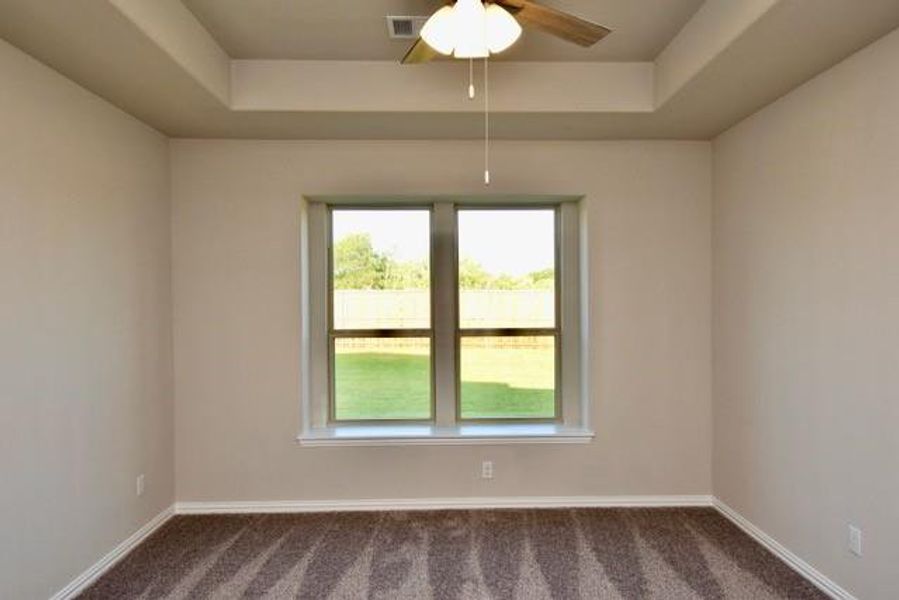 Bedroom featuring a raised ceiling, carpet, and a ceiling fan Bedroom featuring a raised ceiling, carpet, and a ceiling fan