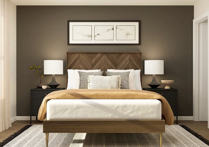 Rendering of a master bedroom furnished with a large bed with a wooden bedframe. The bed is in between two side tables. Rendering of a master bedroom furnished with a large bed with a wooden bedframe. The bed is in between two side tables.