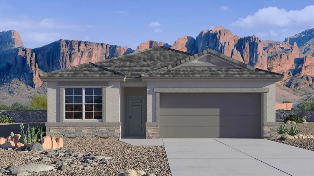 Front exterior of a new home in Desert Moon Estates, Buckeye, AZ, highlighting curb appeal (Image 1). Front exterior of a new home in Desert Moon Estates, Buckeye, AZ, highlighting curb appeal (Image 1).