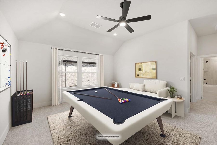 Game room with pool table, vaulted ceiling, ceiling fan, and seating area on carpet flooring
