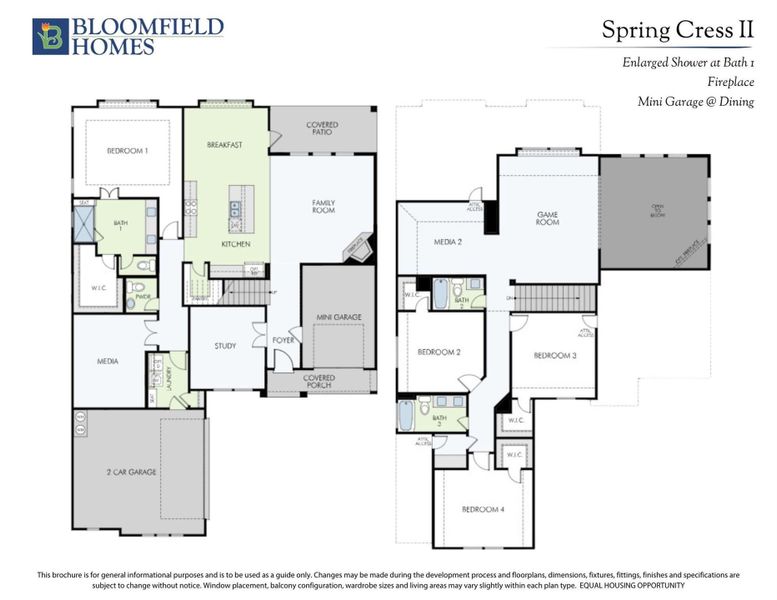 Bloomfield Homes Spring Cress II floor plan showing four bedrooms, game room, media room, and two-car garage layout. Bloomfield Homes Spring Cress II floor plan showing four bedrooms, game room, media room, and two-car garage layout.