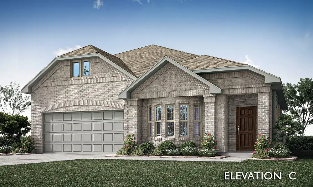 Single-story brick home with two-car garage, brown front door, and landscaped yard, Elevation C. Single-story brick home with two-car garage, brown front door, and landscaped yard, Elevation C.