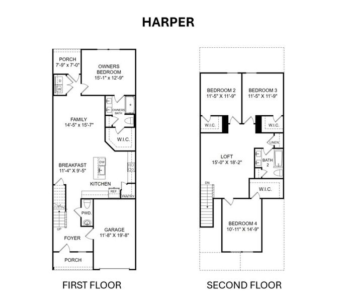 2D floor plan layout for the Harper by Veranda Homes in The Abbey at Trolley Run Station, Aiken, SC (Image 3).