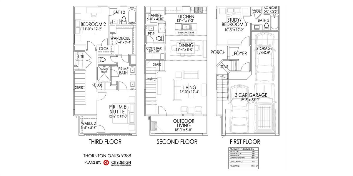 Plan 9388 at Thornton Oaks offers nearly 2,000 square feet of well-utilized space across three levels. The first floor features a full bathroom, and a flexible bedroom or home office. The main living area on the second floor showcases an open-concept layout with a large living room, defined dining area, and chef-inspired kitchen complete with a pantry, coffee bar, and breakfast bar. The third level includes a private primary suite featuring two closets & an en-suite bath plus a secondary bedroom with bath. Plan 9388 at Thornton Oaks offers nearly 2,000 square feet of well-utilized space across three levels. The first floor features a full bathroom, and a flexible bedroom or home office. The main living area on the second floor showcases an open-concept layout with a large living room, defined dining area, and chef-inspired kitchen complete with a pantry, coffee bar, and breakfast bar. The third level includes a private primary suite featuring two closets & an en-suite bath plus a secondary bedroom with bath.
