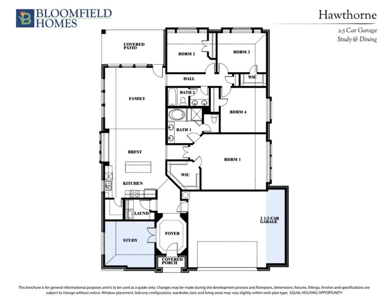 Bloomfield Homes Hawthorne floor plan with 4 bedrooms, 2 bathrooms, study, kitchen, and 2.5-car garage.