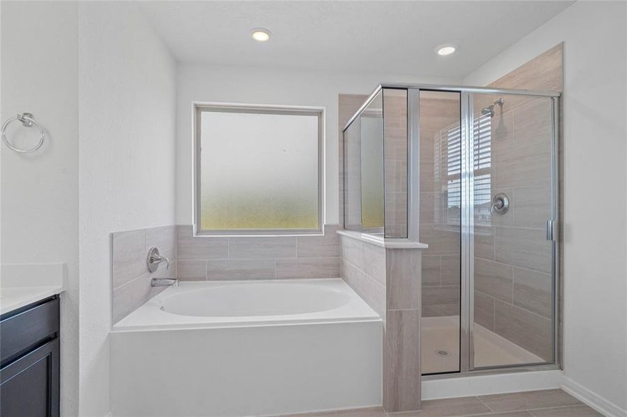 Another view of the primary bathroom featuring the walk-in shower and oversized garden tub.