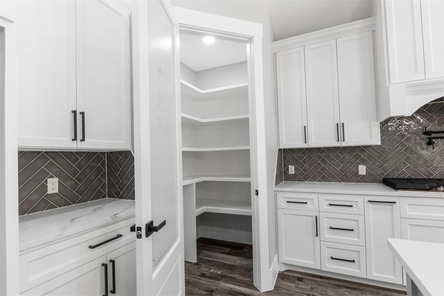 Spacious kitchen walk in pantry with plenty of shelving.
