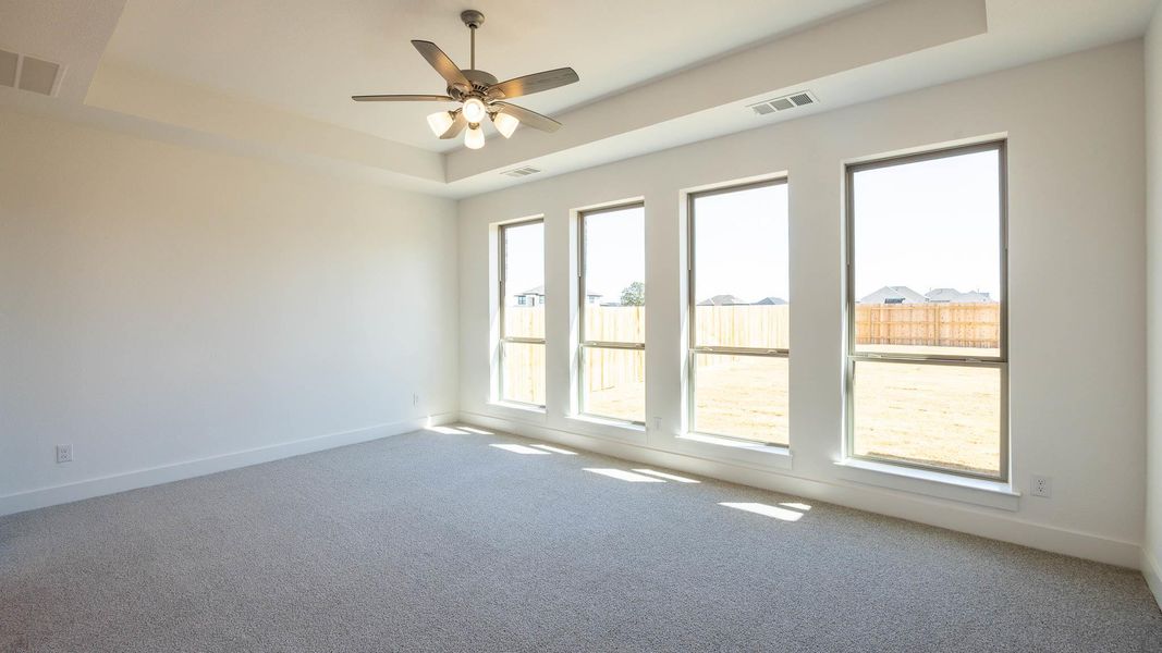 Unfurnished room with a raised ceiling, carpet floors, and a ceiling fan Unfurnished room with a raised ceiling, carpet floors, and a ceiling fan