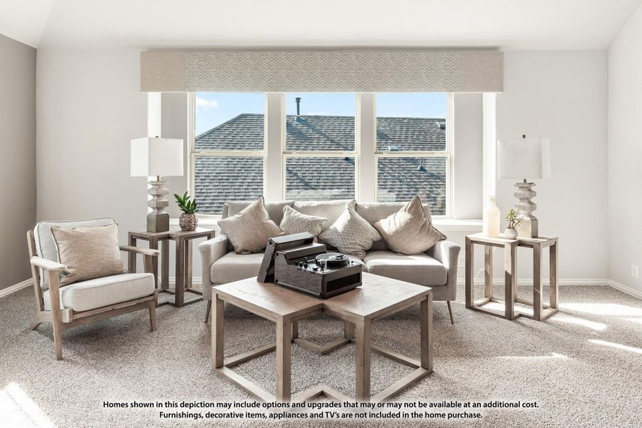 Living room with neutral sofa, accent chair, wood coffee table, and large windows with carpet flooring Living room with neutral sofa, accent chair, wood coffee table, and large windows with carpet flooring