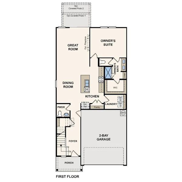 A well-designed first-floor plan, showcasing distinct areas for living, dining, and a practical two-bay garage.