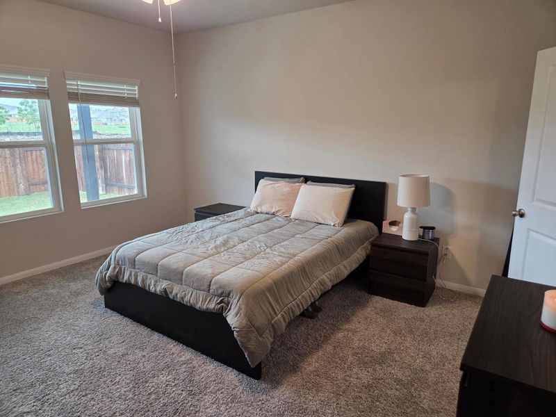 Carpeted primary bedroom with neutral wall tones and natural lighting