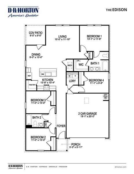 2D floor plan layout for the EDISON by D.R. Horton in Huntington Estates, Millington, TN (Image 2).