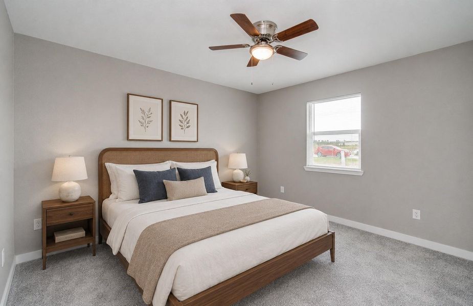 Primary Bedroom. Updated carpet, light fixtures and private closet with ample lighting.(Virtually Staged)