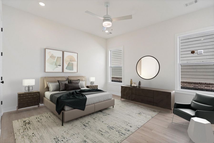 High ceilings, recessed lighting, ceiling fan, wood-finish flooring, and multiple windows
