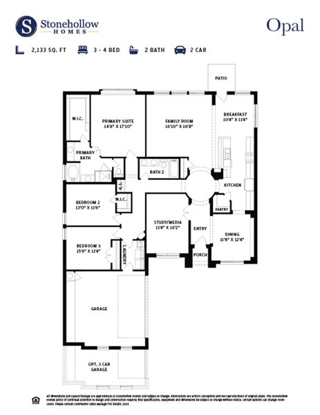 2D floor plan layout for the Opal by Stonehollow Homes in Estates At Baker Park, Sherman, TX (Image 3).