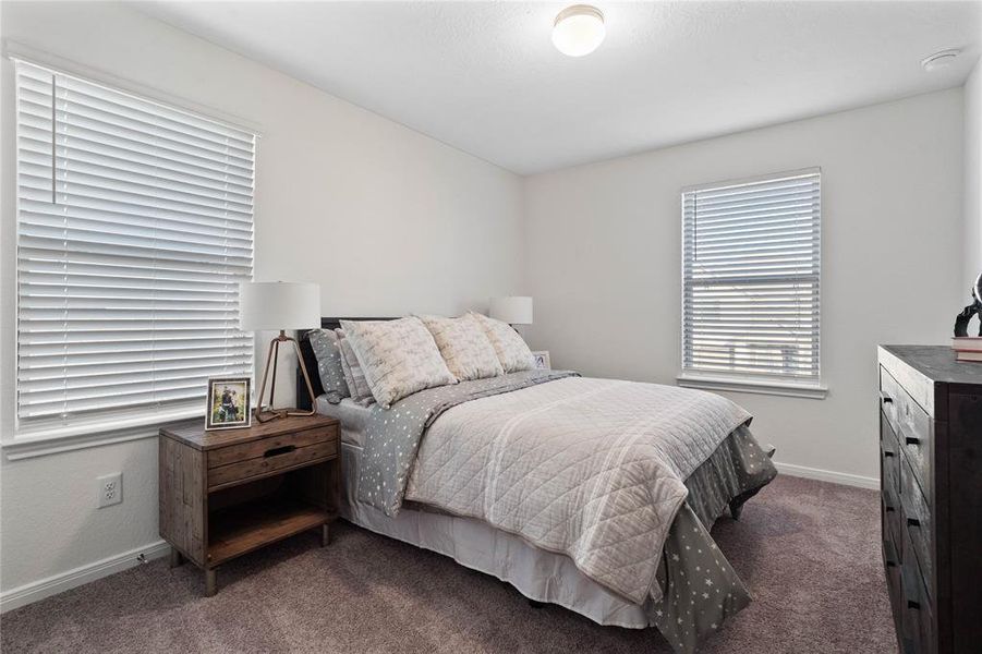 Secondary bedroom features plush carpet, custom paint and a large window.