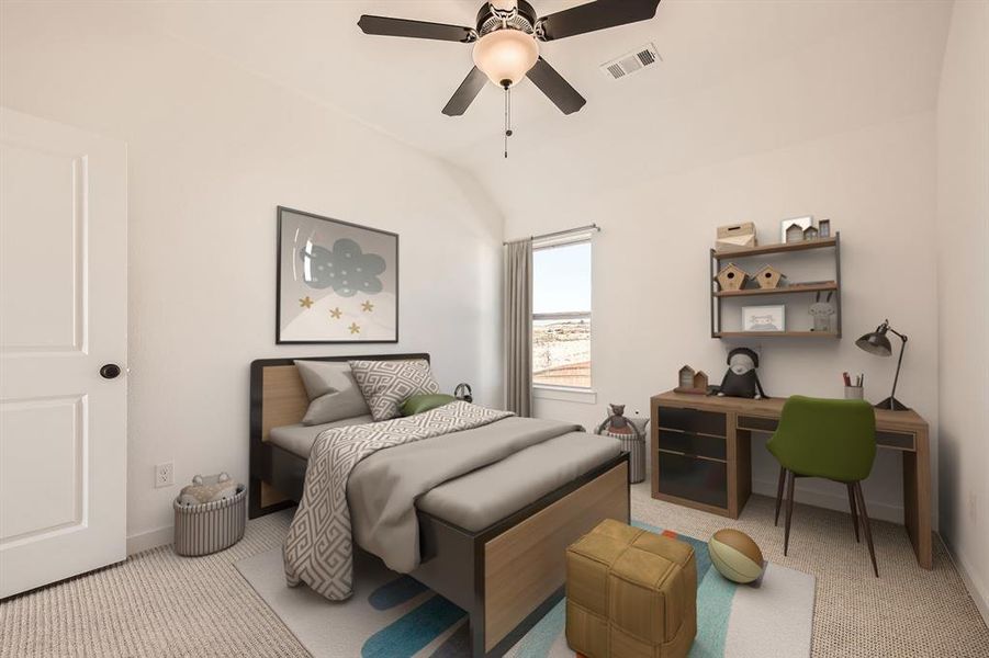 Virtually Staged Photo Bedroom featuring carpet, lofted ceiling, and a ceiling fan