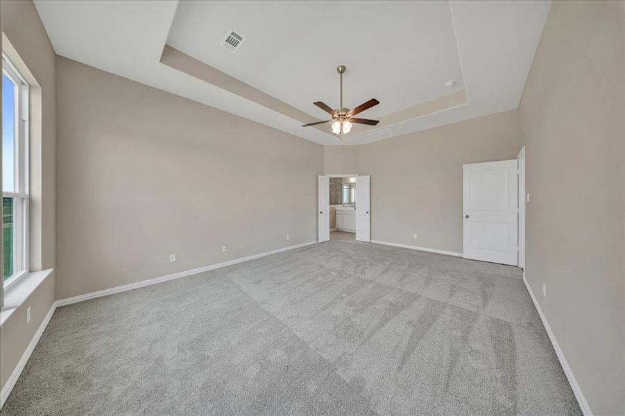 Unfurnished bedroom featuring multiple windows, a raised ceiling, and carpet Unfurnished bedroom featuring multiple windows, a raised ceiling, and carpet