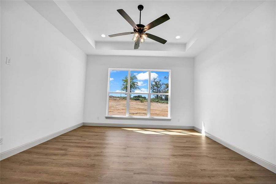 Spare room with a tray ceiling, ceiling fan, and hardwood / wood-style flooring