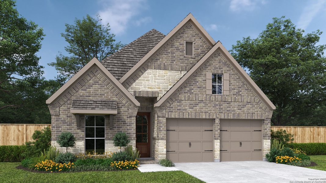 Front exterior of a new home in Kallison Ranch 45', San Antonio, TX, highlighting curb appeal (Image 1).