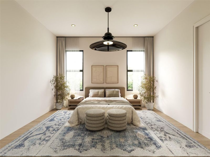 Symmetrical design highlights this bedroom with wood flooring, high ceilings, and twin windows.