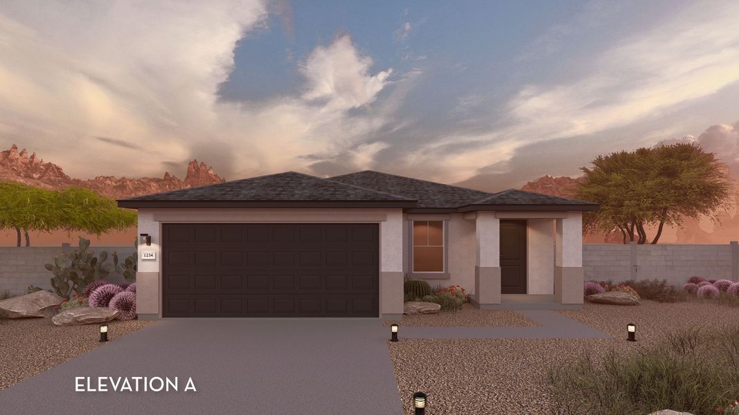 Representative exterior photo of a completed home built from the Choctaw by CastleRock Communities in Perkinsville, Chino Valley, AZ (Image 1). Representative exterior photo of a completed home built from the Choctaw by CastleRock Communities in Perkinsville, Chino Valley, AZ (Image 1).