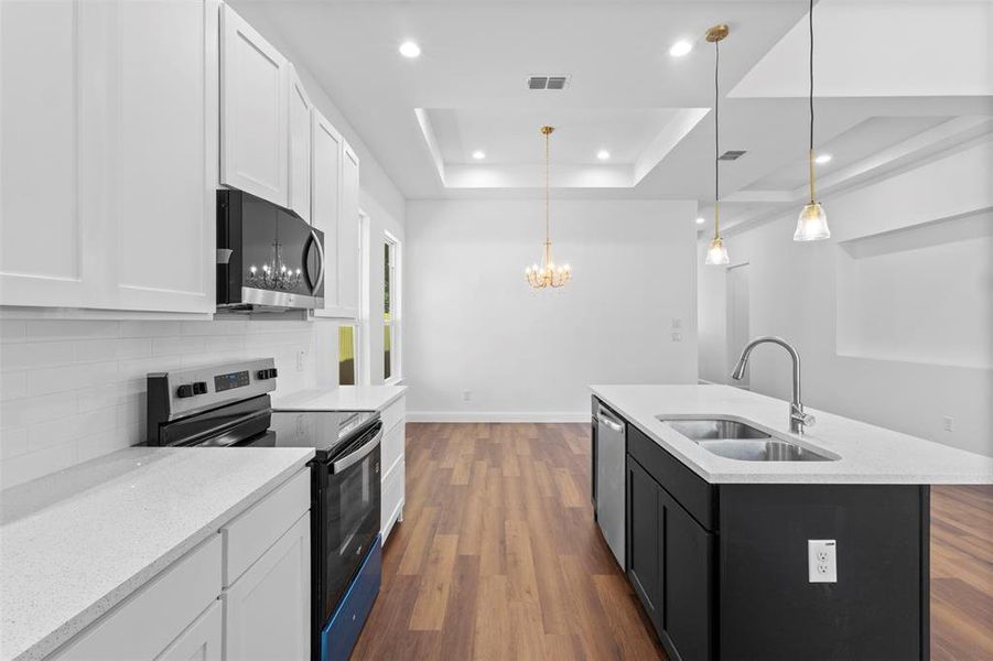 Kitchen with stainless steel appliances, wood finished floors, a tray ceiling, white cabinetry, and recessed lighting Kitchen with stainless steel appliances, wood finished floors, a tray ceiling, white cabinetry, and recessed lighting