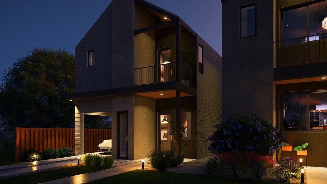 Modern architecture featuring clean lines, a covered carport, and a second-story balcony with metal railing