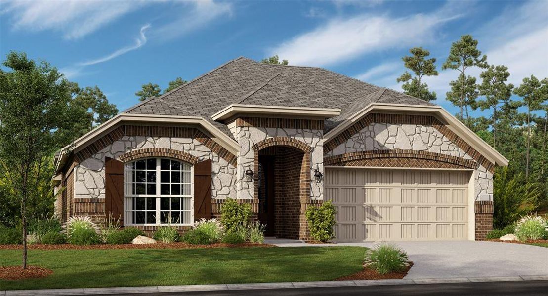 View of front of property featuring a front lawn and a garage