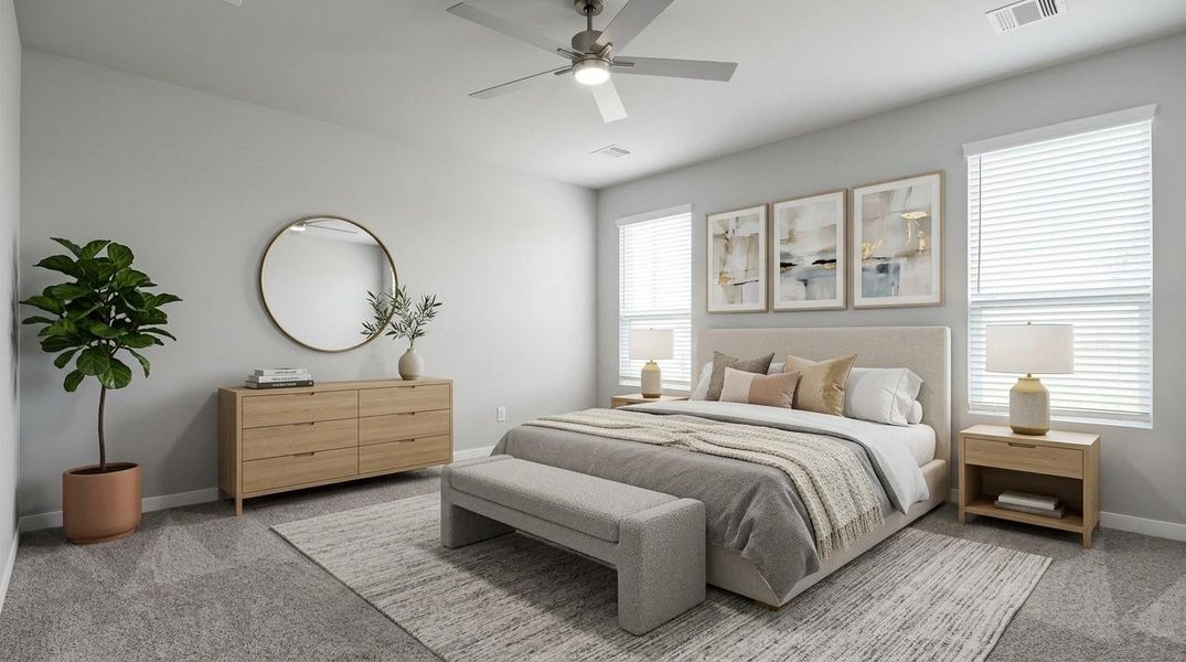 Virtually Staged - Primary Bedroom. Sample photo of completed home with similar floor plan. Actual colors and selections may vary. Virtually Staged - Primary Bedroom. Sample photo of completed home with similar floor plan. Actual colors and selections may vary.