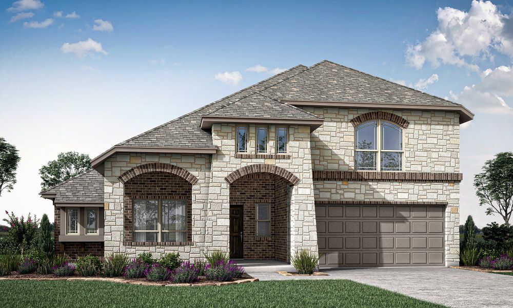 Two-story home with stone and brick exterior, arched entryway, and two-car garage, Elevation F