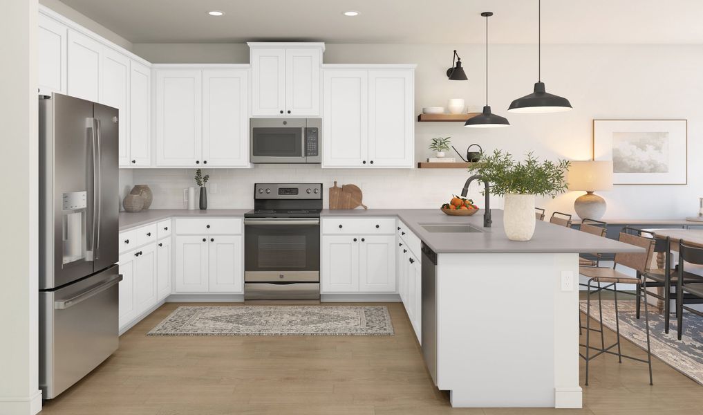 Kitchen with pendant lights & floating shelves