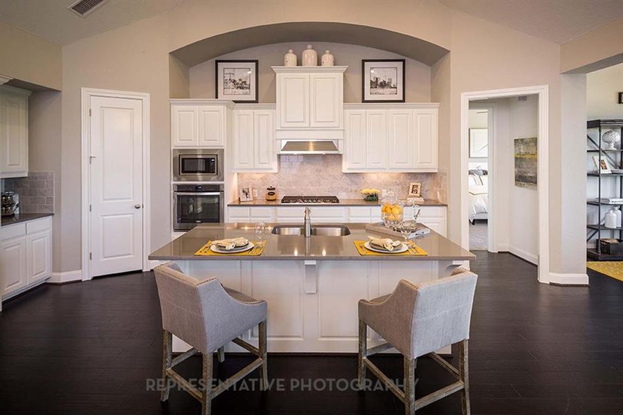 Kitchen featuring white cabinets, lofted ceiling, decorative backsplash, stainless steel appliances, and dark wood-style floors Kitchen featuring white cabinets, lofted ceiling, decorative backsplash, stainless steel appliances, and dark wood-style floors