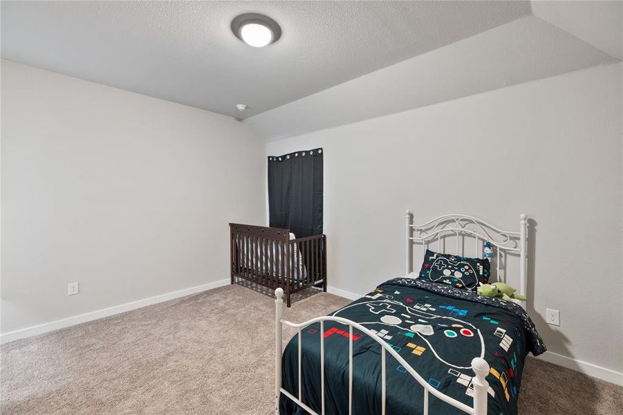 Carpeted bedroom featuring vaulted ceiling