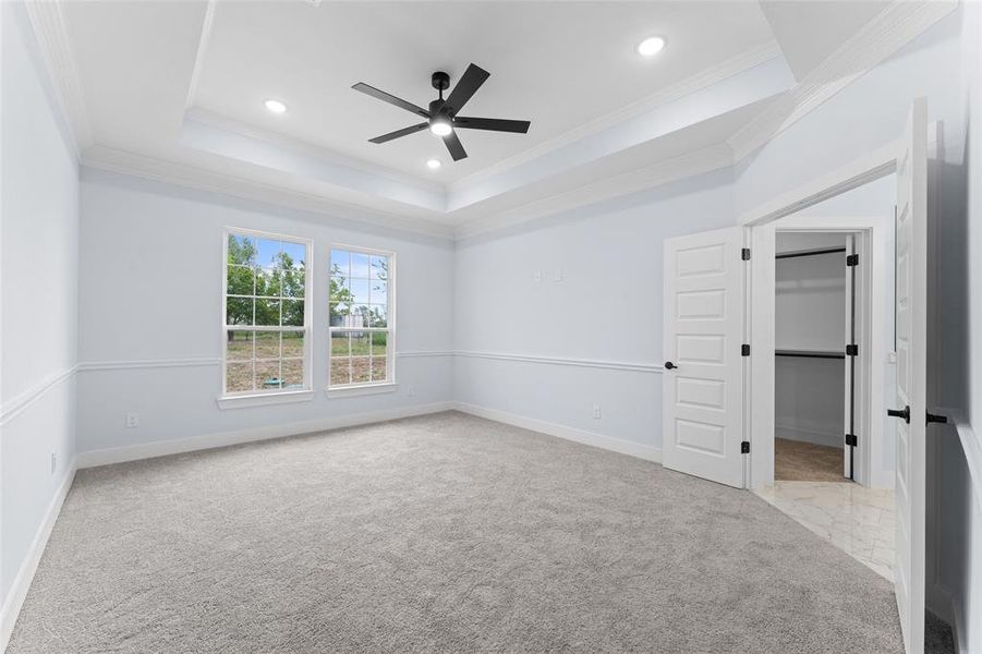 Unfurnished room with a raised ceiling, ceiling fan, ornamental molding, and light carpet