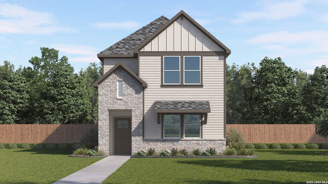 Front exterior of a new home in Mayfair, New Braunfels, TX, highlighting curb appeal (Image 1). Front exterior of a new home in Mayfair, New Braunfels, TX, highlighting curb appeal (Image 1).