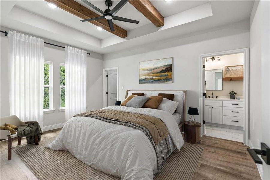 Bedroom featuring a tray ceiling with exposed wood beams, recessed lighting, and a ceiling fan