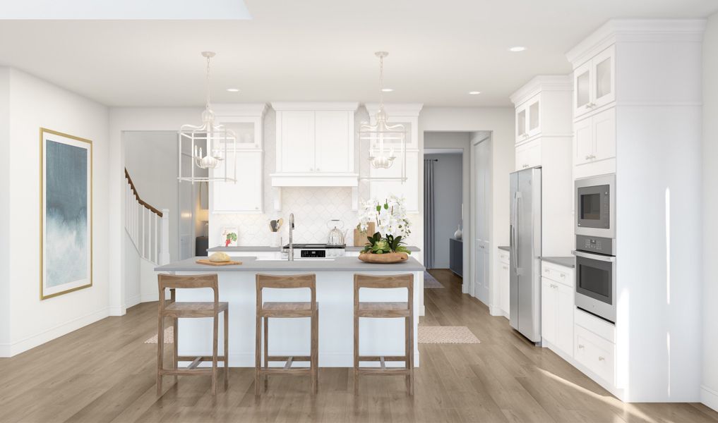 Kitchen with pendant lighting and glass upper cabinets